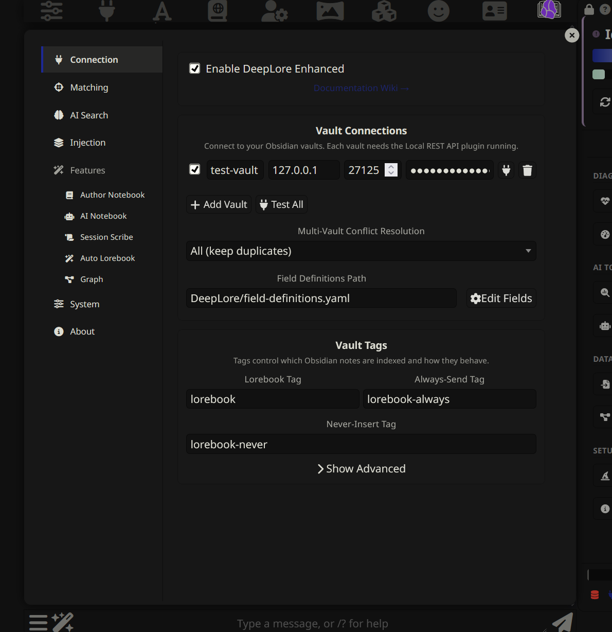 Settings popup showing the Connection tab with Enable toggle, vault connection configuration for test-vault, Add Vault and Test All buttons, multi-vault conflict resolution dropdown, field definitions path, and Vault Tags section