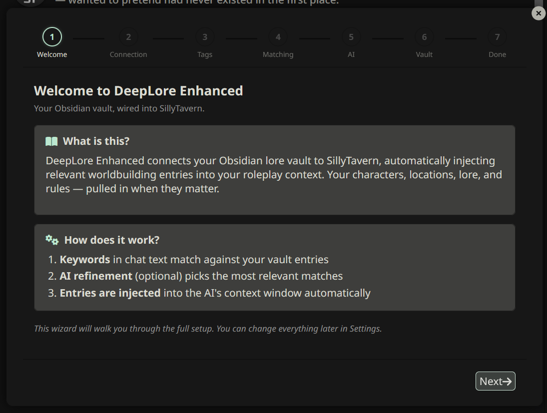 Setup wizard welcome screen explaining what DeepLore does, how the two-stage pipeline works, and a Next button to begin configuration