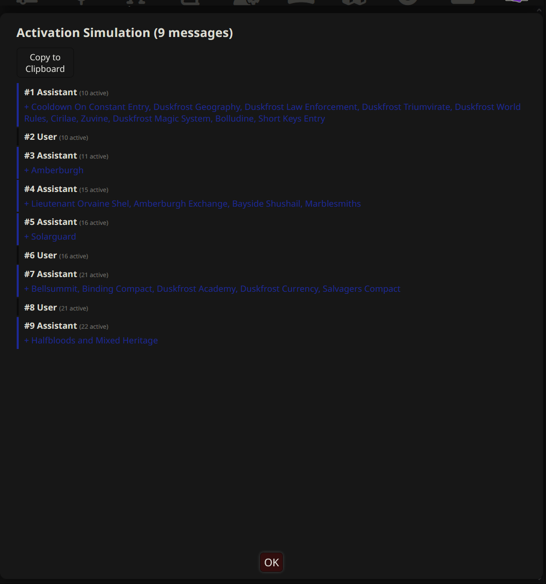 Activation simulation timeline showing which entries activate and deactivate across 9 chat messages, with blue-highlighted entry names at each step