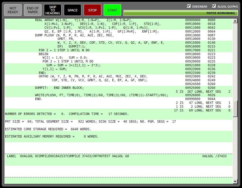 B5500 emulator line printer interface screenshot
