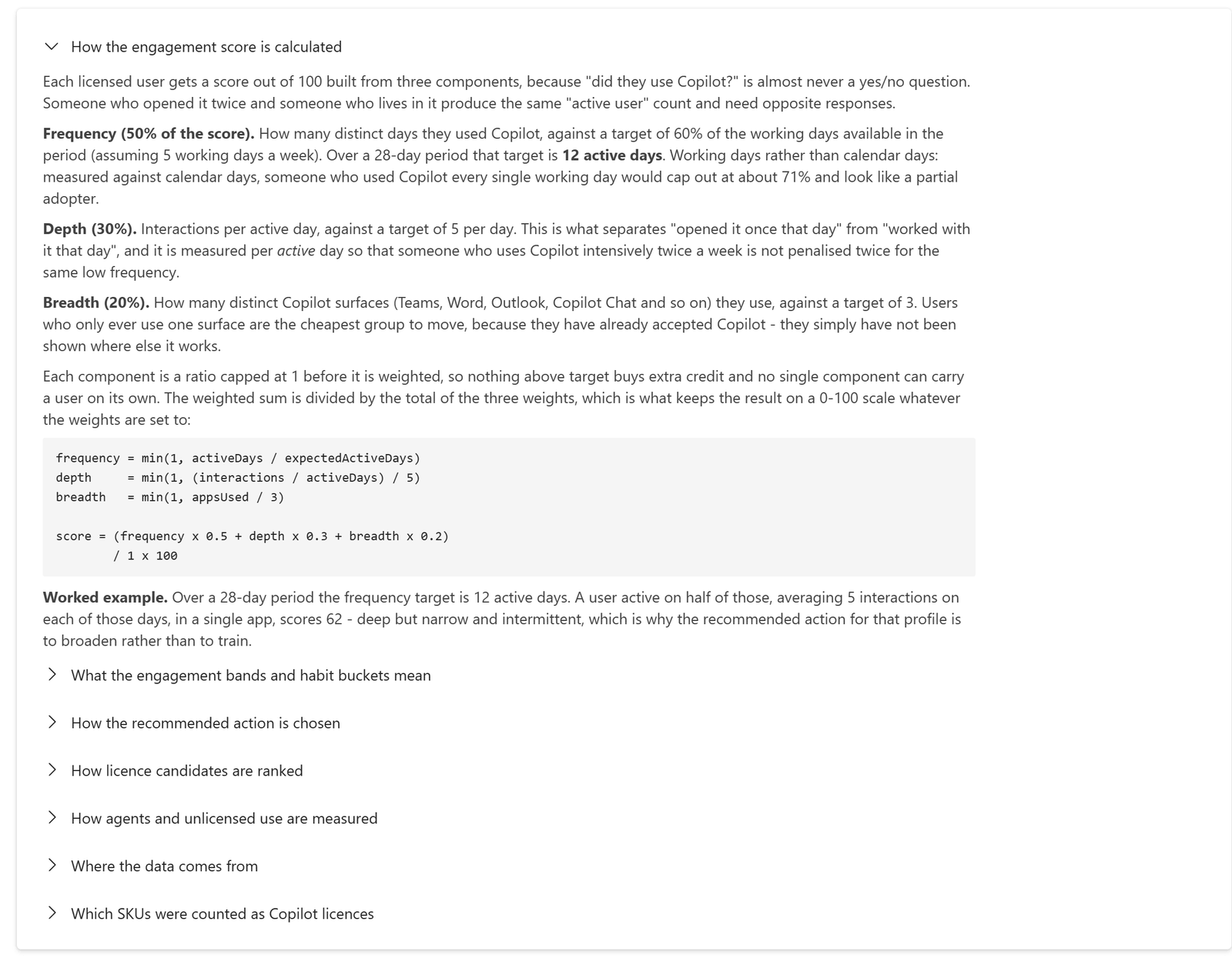 How this is calculated, with the engagement score section expanded to show its formula and a worked example