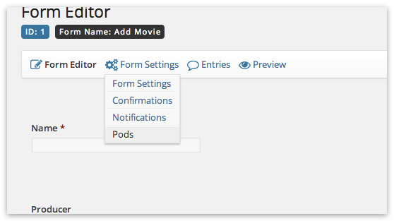 Form Settings->Pods menu