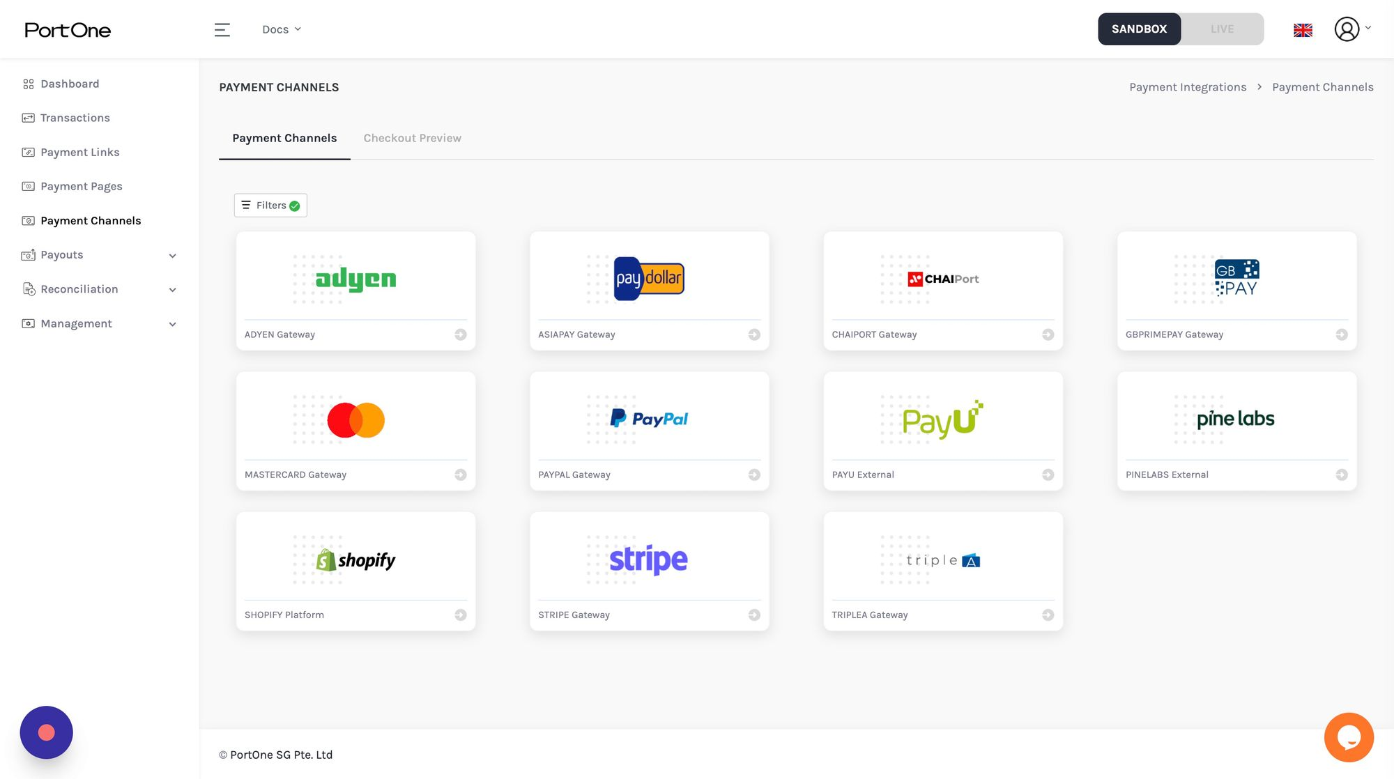 Payment Channels >Filters: Global > Shopify 선택합니다.