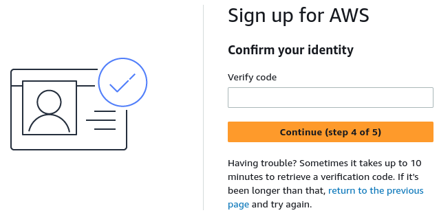 AWS sign up website - confirm identity code