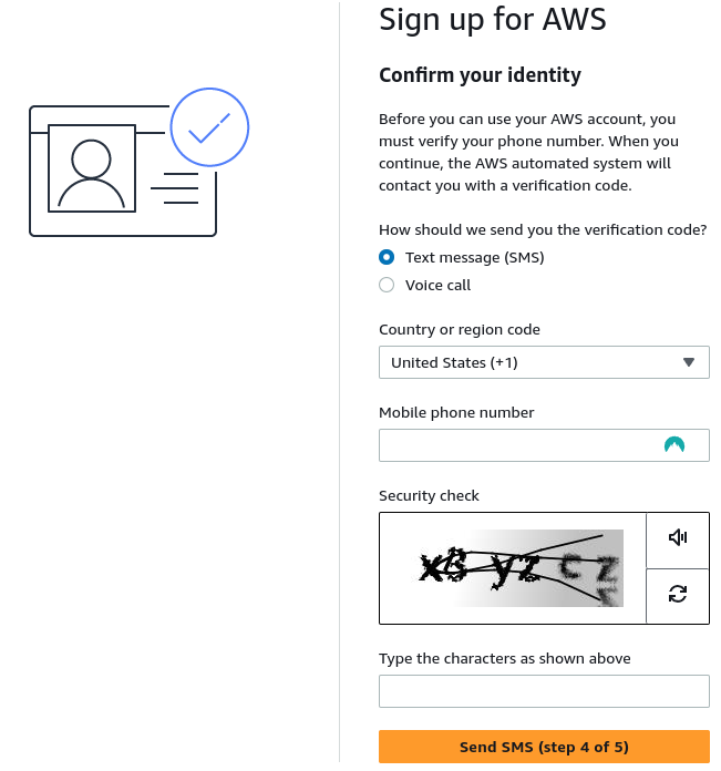 AWS sign up website - select confirm identity method