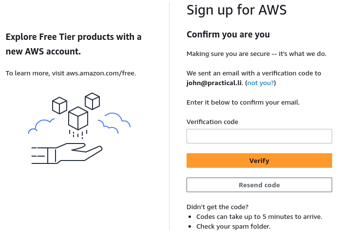 AWS sign up website - verify code