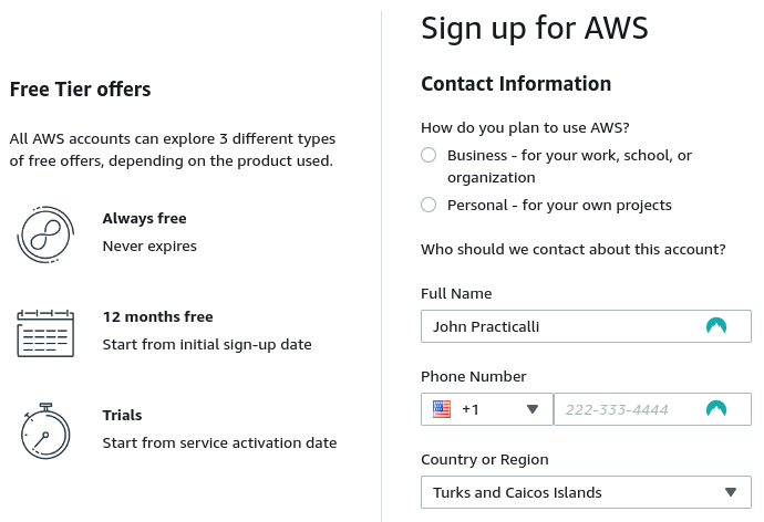 AWS sign up website - contact details