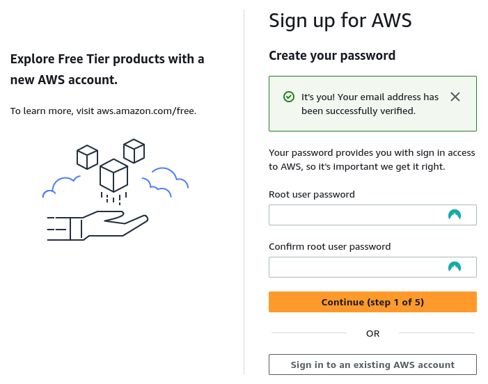 AWS sign up website - set root account password