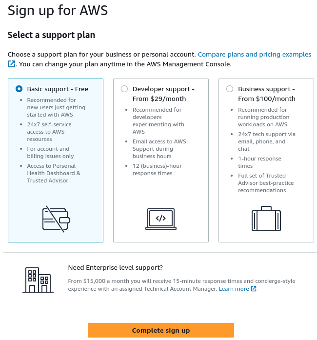 AWS sign up website - select basic support plan