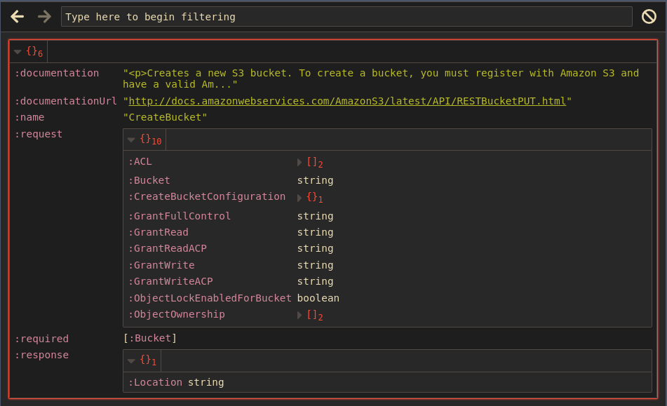 Clojure Cognitect Labs AWS API - navigate AWS S3 Bucket operations in Portal - create bucket