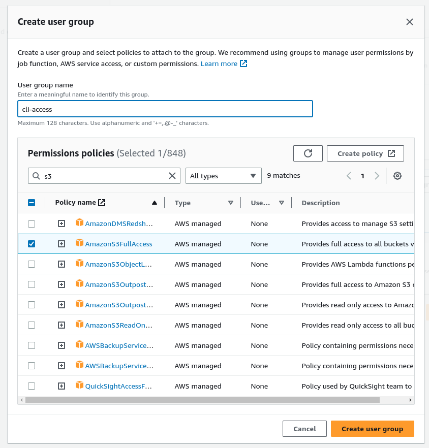 AWS IAM Users - assigning permissions policies to the new group