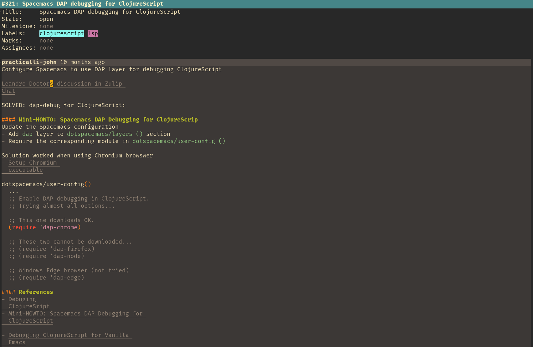 Spacemacs Magit Forge Topic Issue description with Clojure code block example