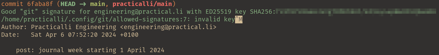 Git log show signatures - error invalid key