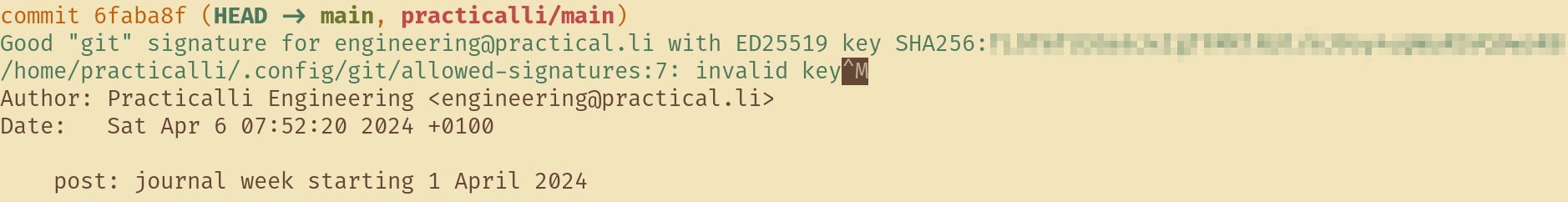 Git log show signatures - error invalid key