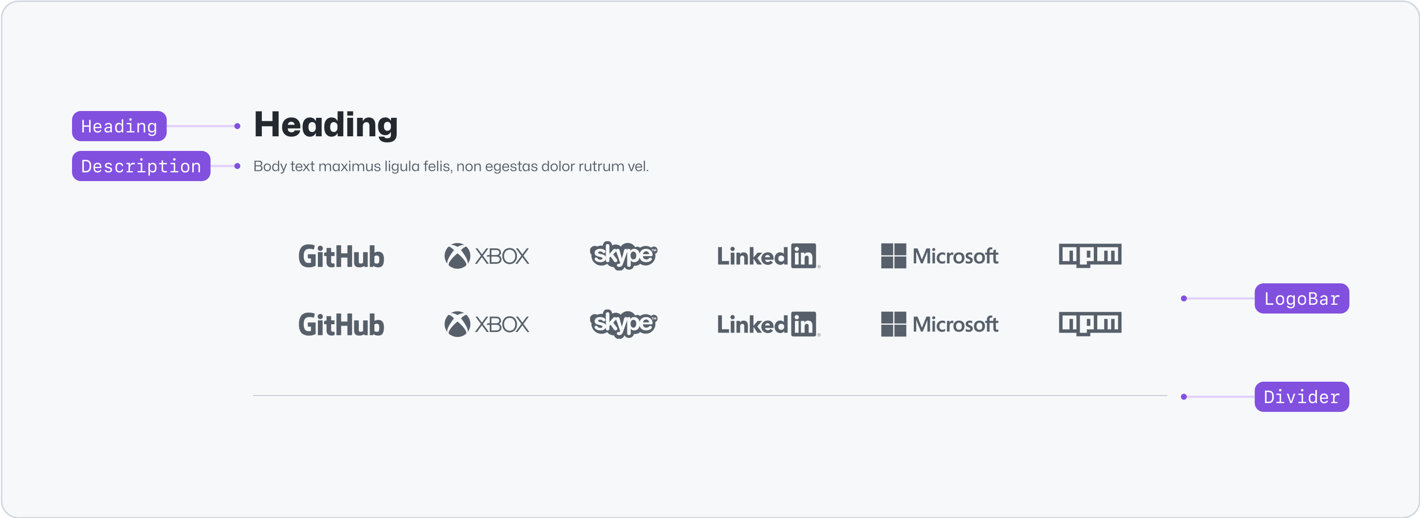 A complete logo suite component, featuring a heading, description and two rows of 6 vendor logos in their default muted colors