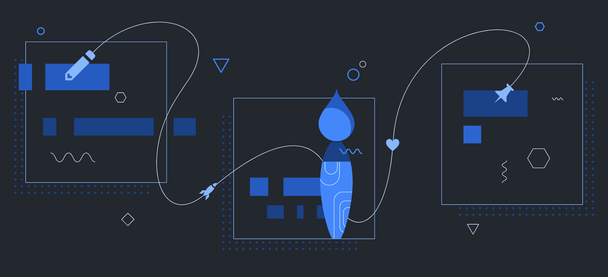 Illustrations of Primer Design System patterns like typography, color, and layout.