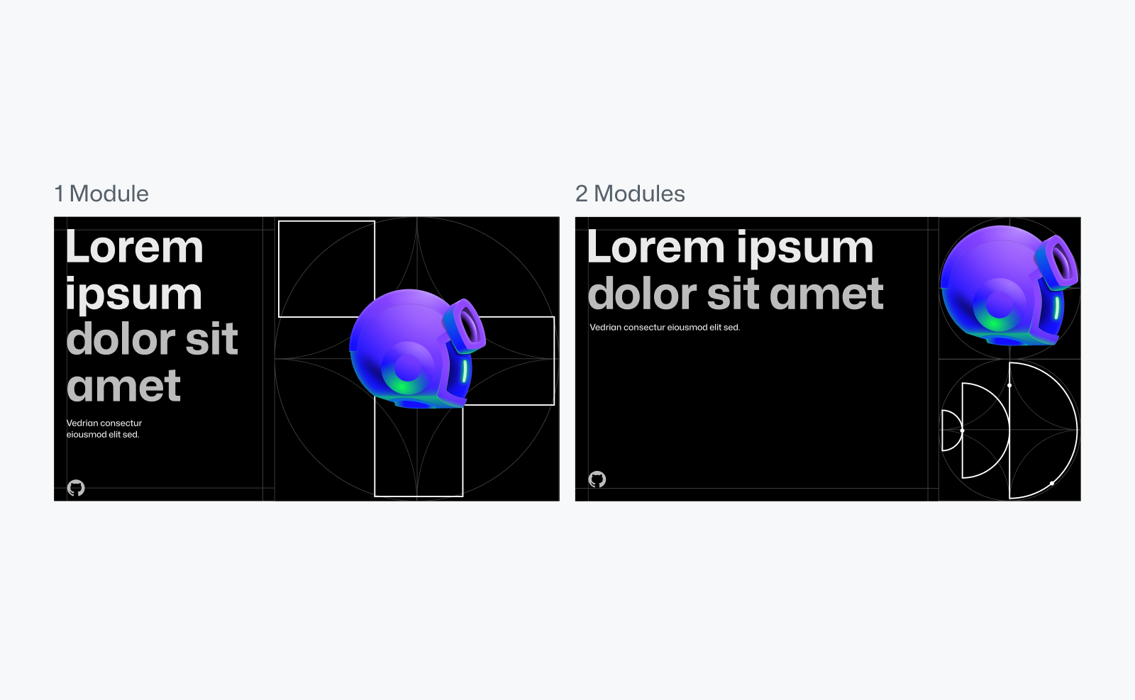 Two black landscape rectangular compositions side by side. Text above them reads "1 module" and "2 modules" respectively. Compositions feature placeholder lorem ipsum text on the left in white and light gray, with abstract illustrations on the right.
