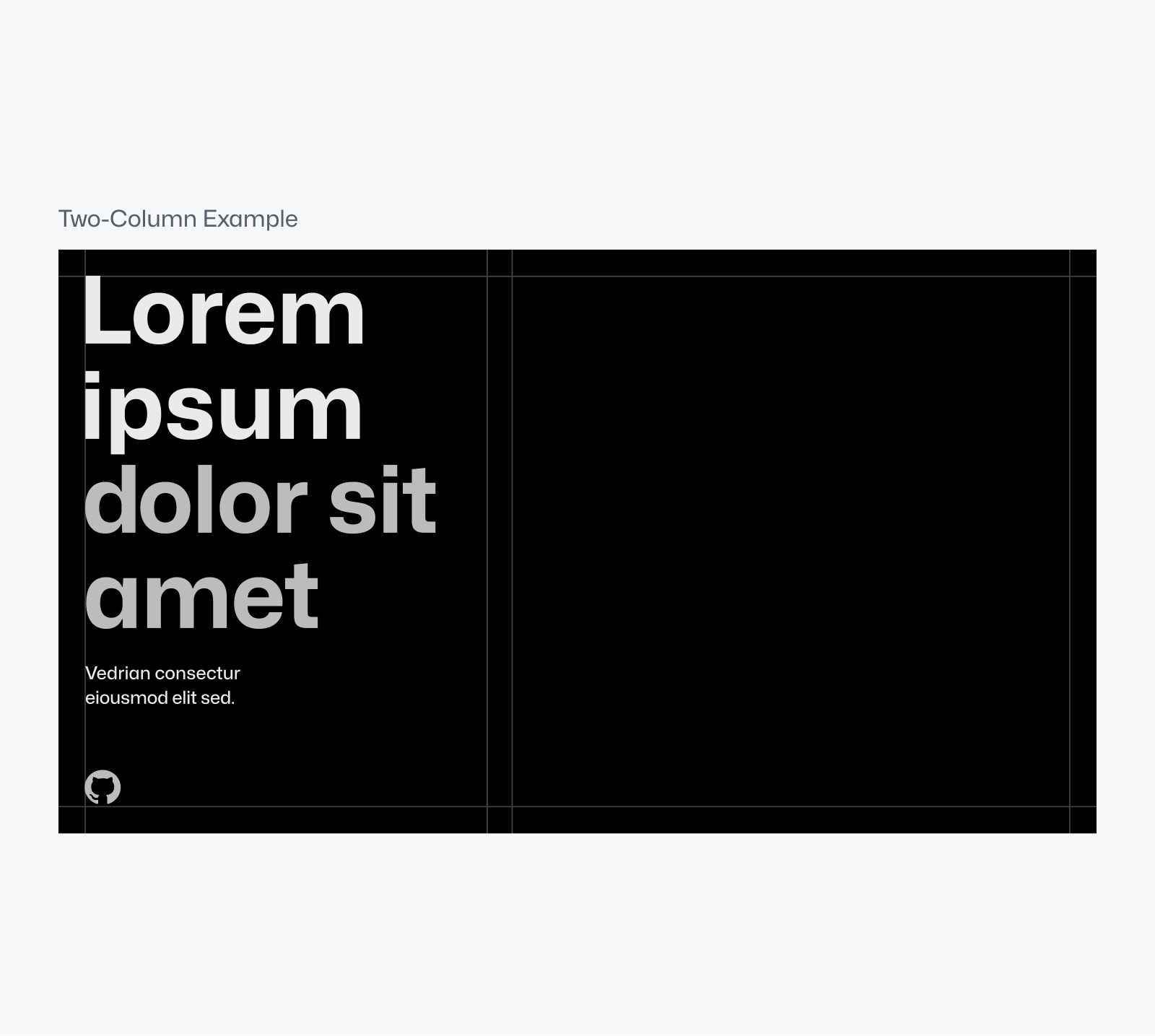 Text reading "Two-column example" sits above a black rectangle containing large headline placeholder lorem ipsum text set on the left side of the composition. Two lines of smaller placeholder text are underneat, followed by an invertocat logo. The composition is outlined by light gray grid lines.
