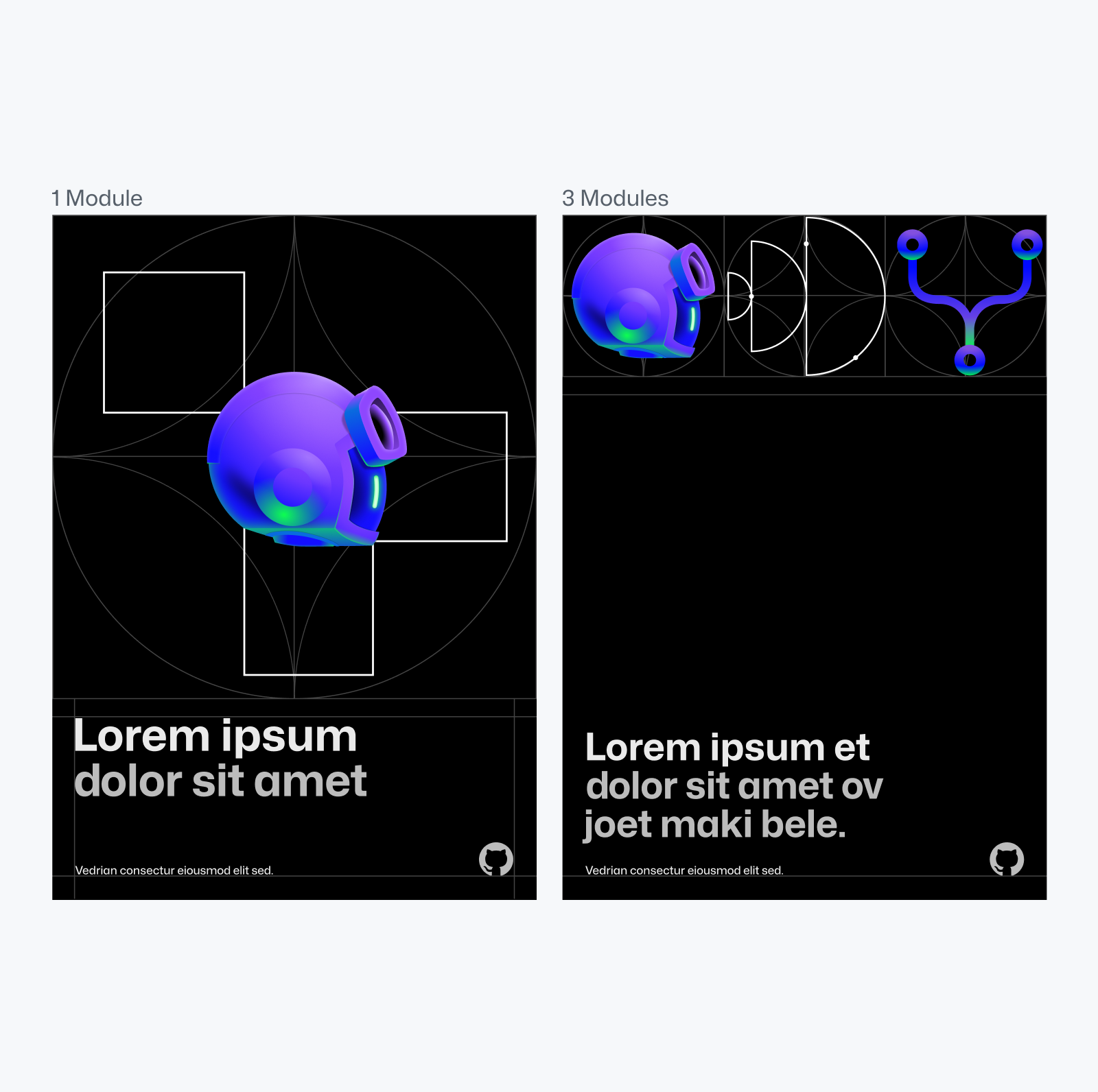 Two black portrait rectangular compositions side by side. Text above them reads "1 module" and "3 modules" respectively. Compositions feature placeholder lorem ipsum text on the bottom in white and light gray, with abstract illustrations on the top.
