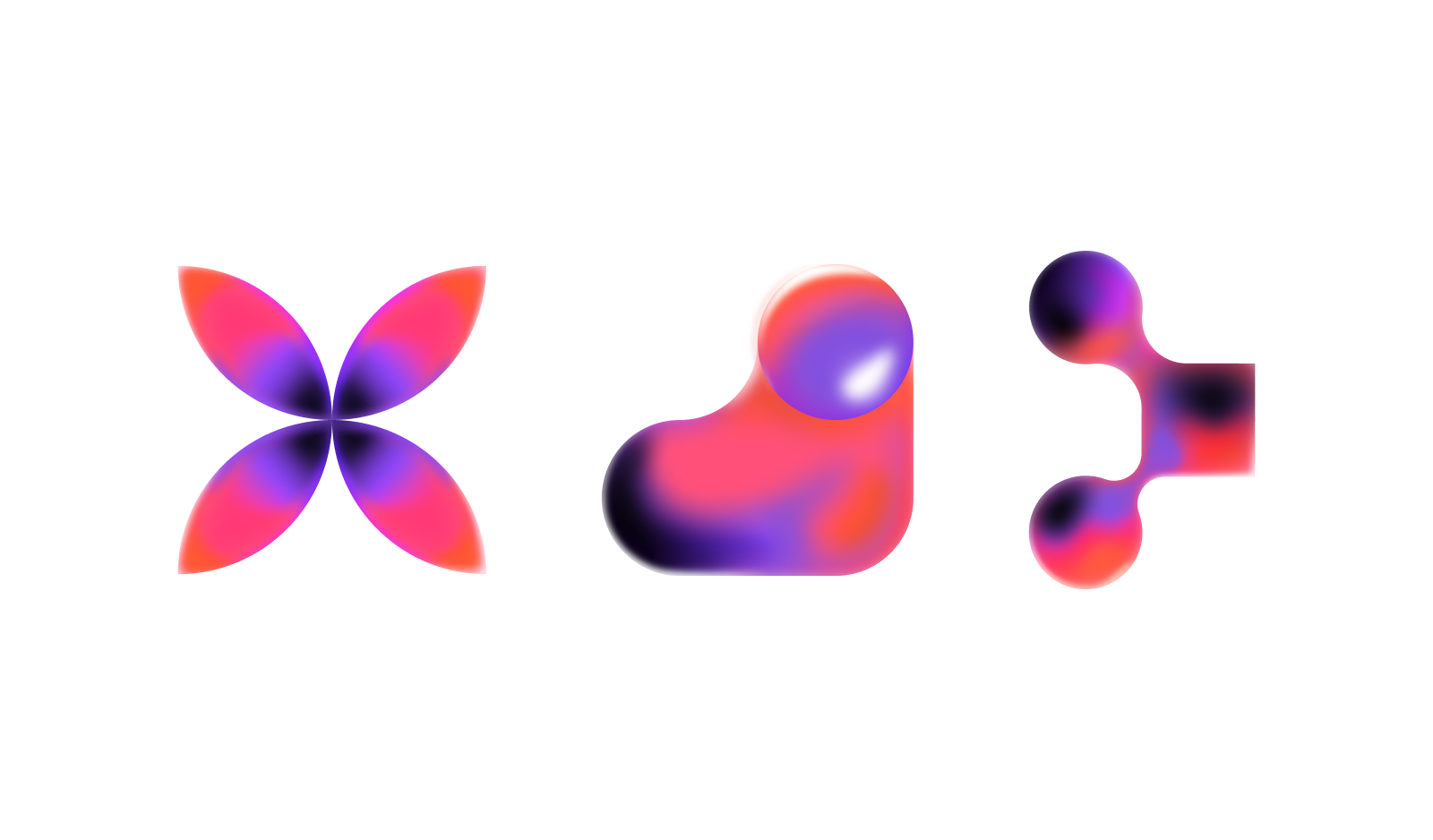 Three purple and pink abstract illustrations made up of shapes that overlap and gel together to communicate the concept of collaboration