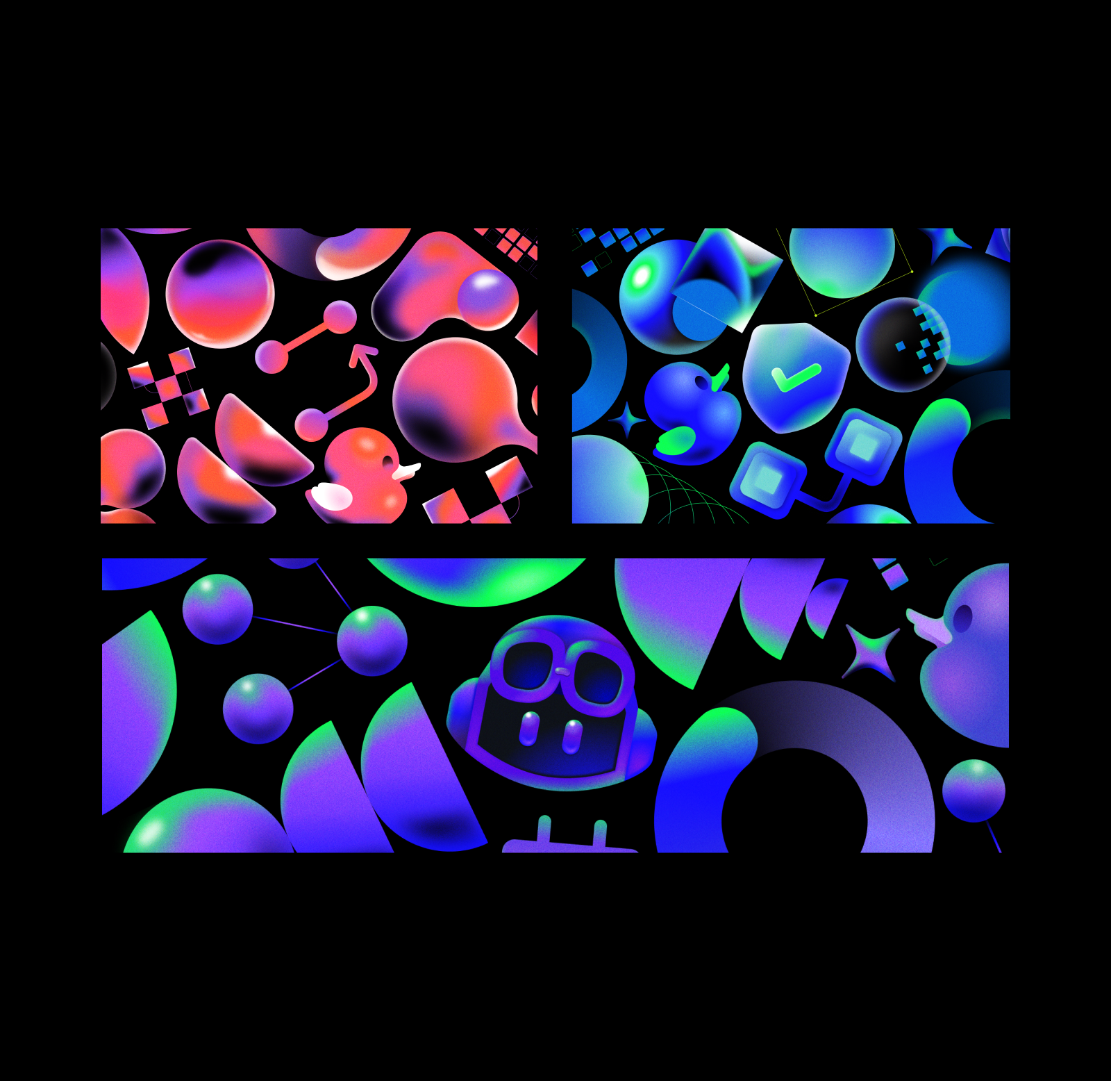 Three illustration compositions featuring various abstract shapes surrounding a central stylized Octicon. The first composition is pink and features a pull request Octicon. The second composition is blue and features a security Octicon. The third composition is purply and features a Copilot Octicon.