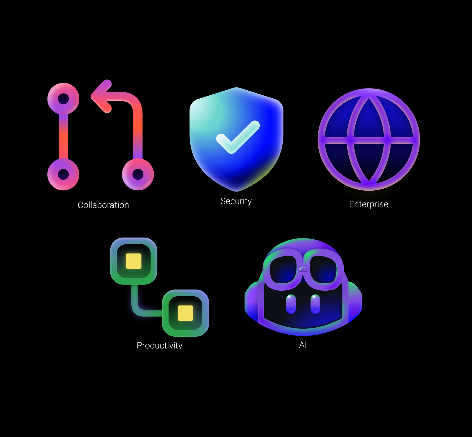 Five spot illustrations – one for each of our product pillars which are labeled AI, collaboration, productivity, enterprise, and security