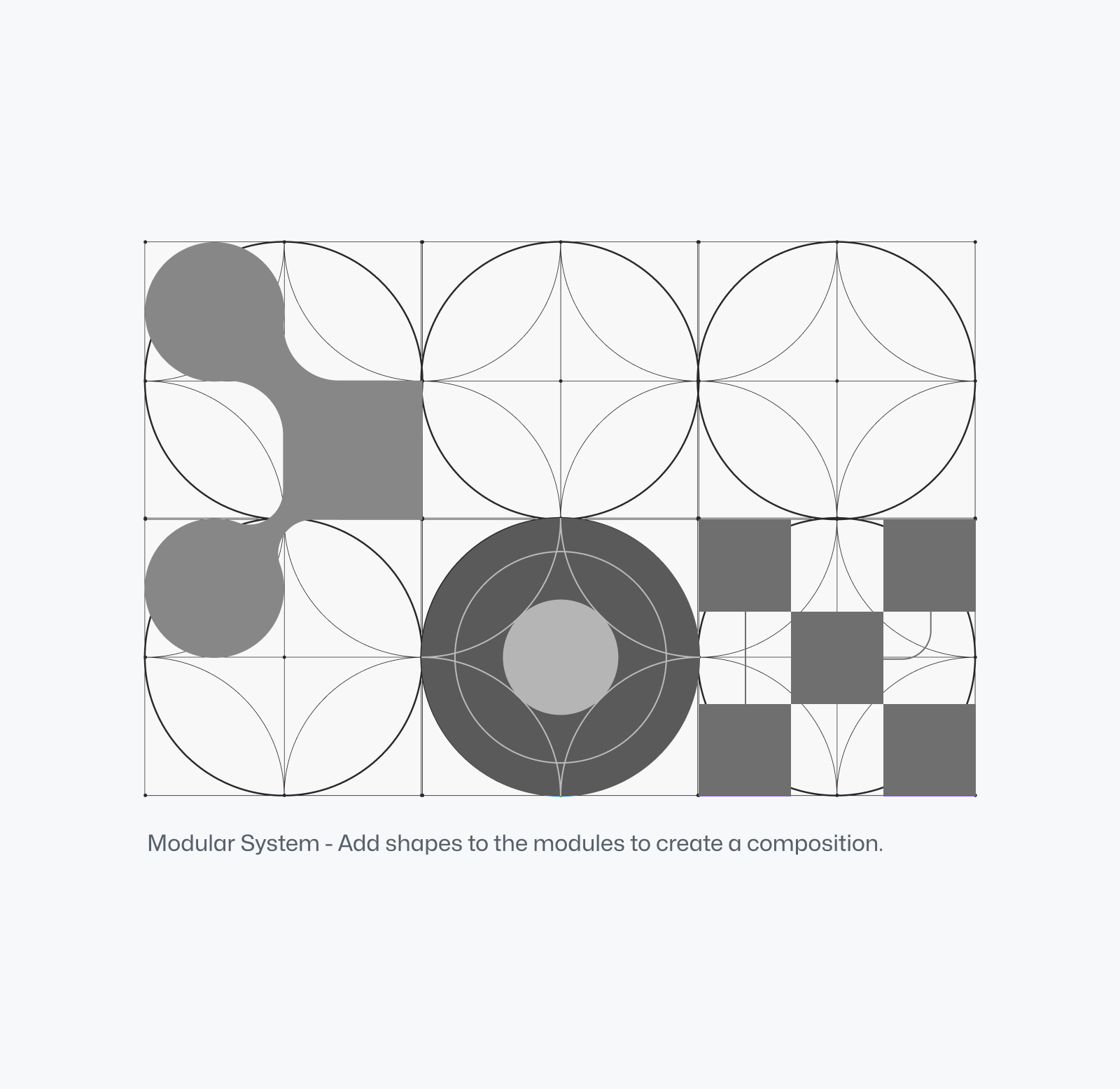 A circular grid structure with several abstract shapes drawn on top of it in dark gray. Text underneath reads "Modular System - Add shapes to the modules to create a composition."
