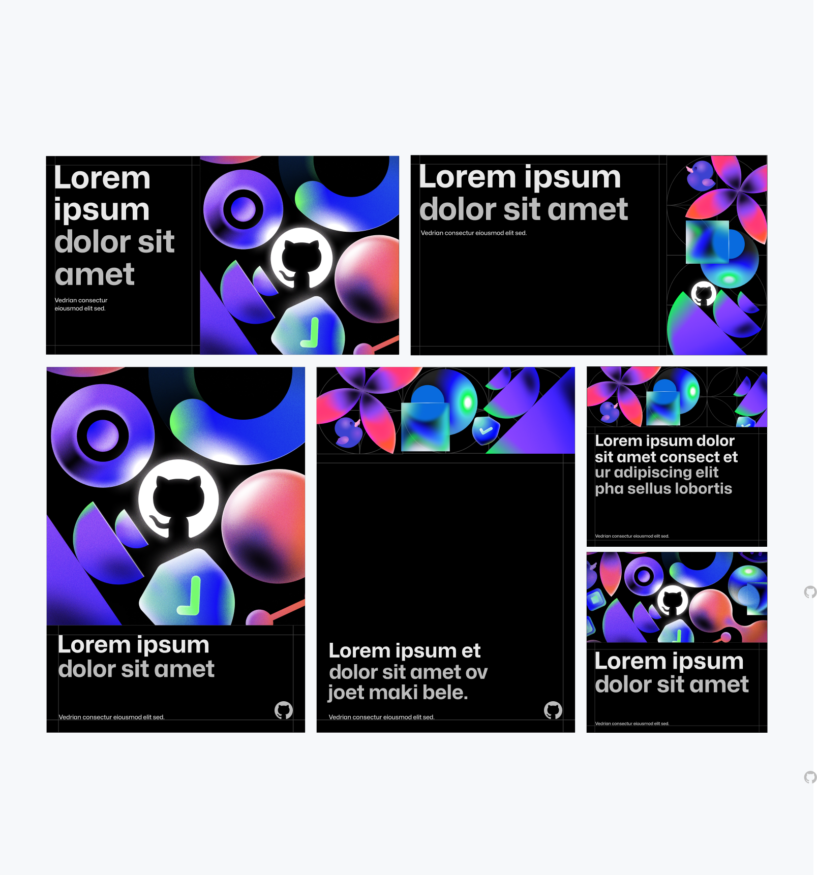 A series of 6 compositions ranging from portrait to landscape to square. Each composition features lorem ipsum placeholder text paired with an abstract illustration in its own rectangular container.