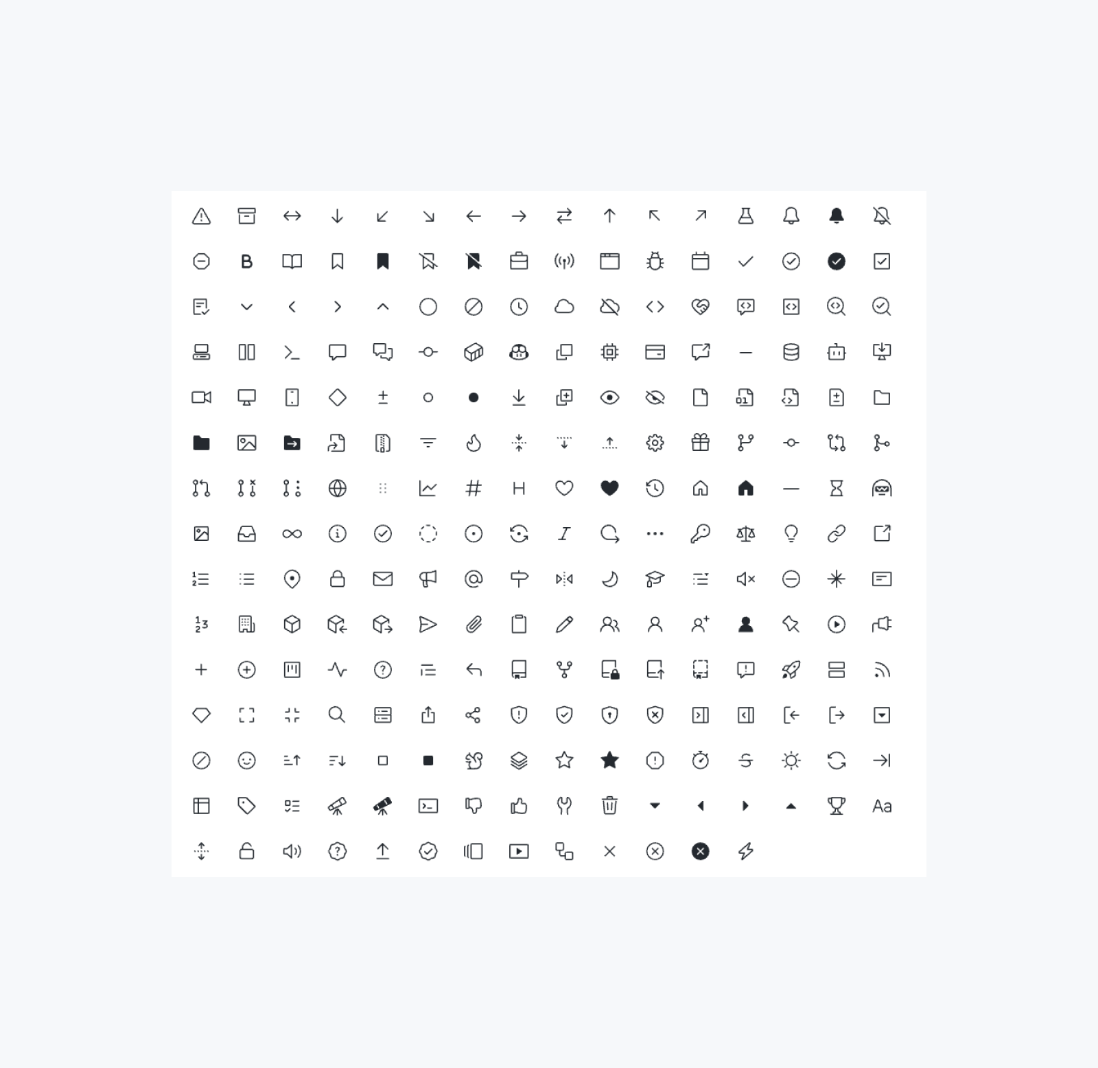 A grid of 240 small icons representing different user actions and product areas. They are black on a white background.