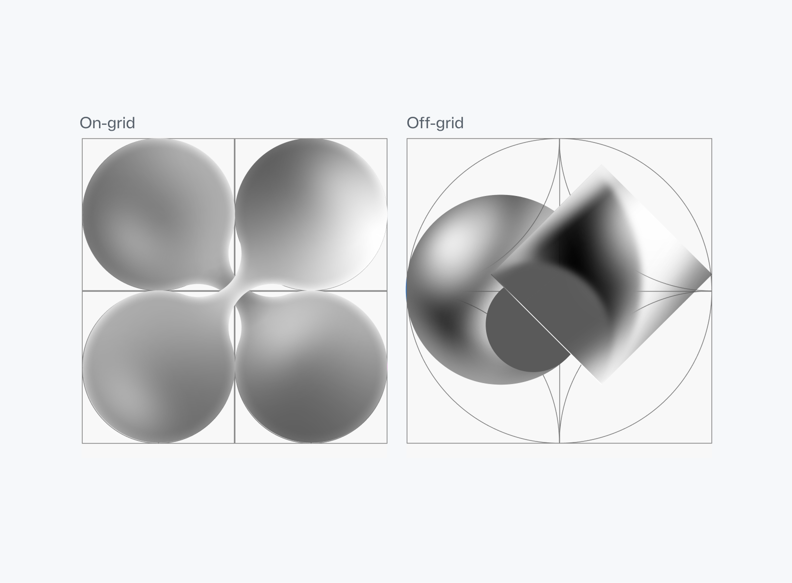Two abstract grayscale illustrations, one of which adheres to a circular grid, the other of which deviates from it