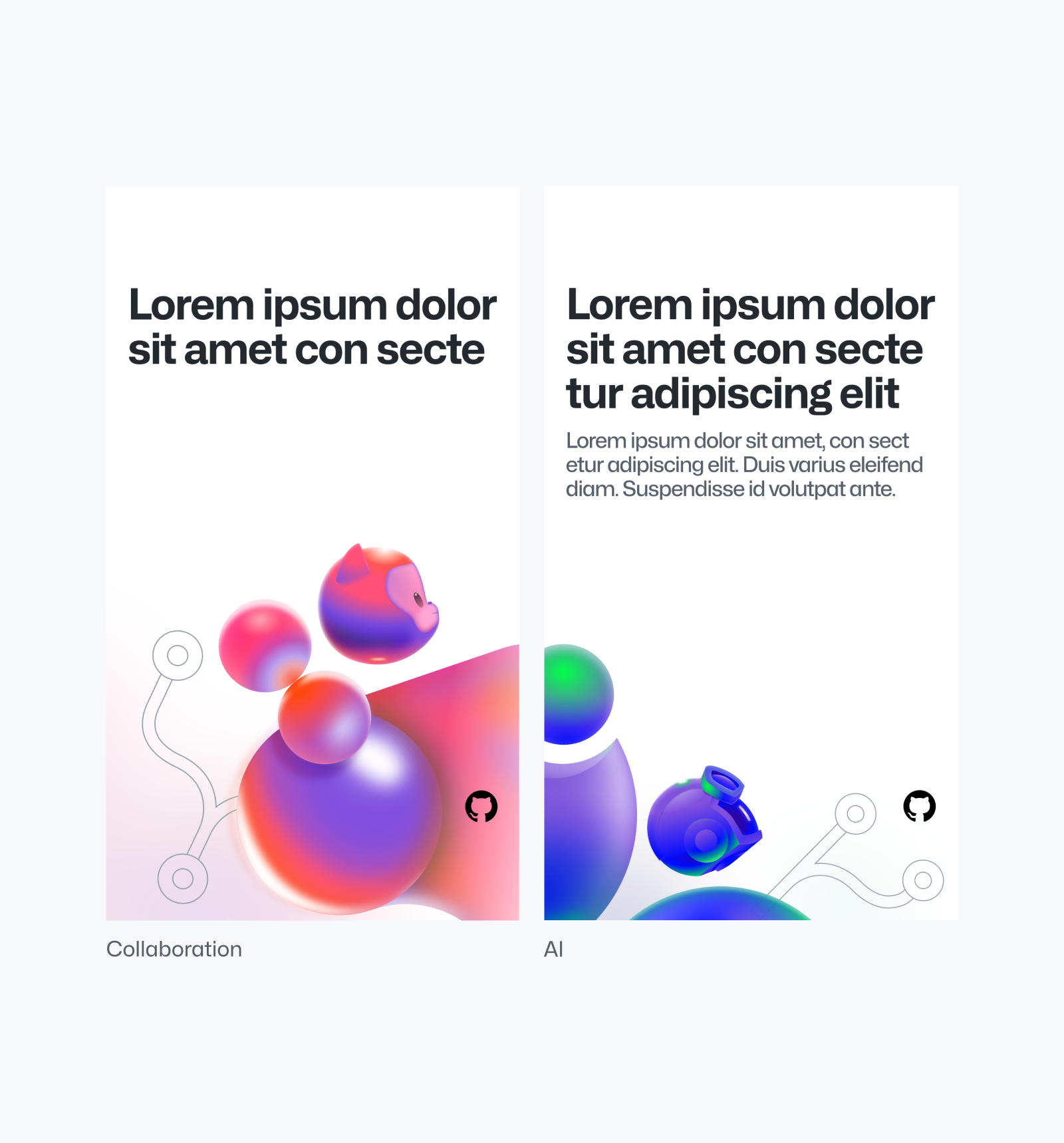 Two example vertical social assets with white backgrounds featuring abstract illustrations as well as Mona and Copilot and placeholder lorem ipsum copy