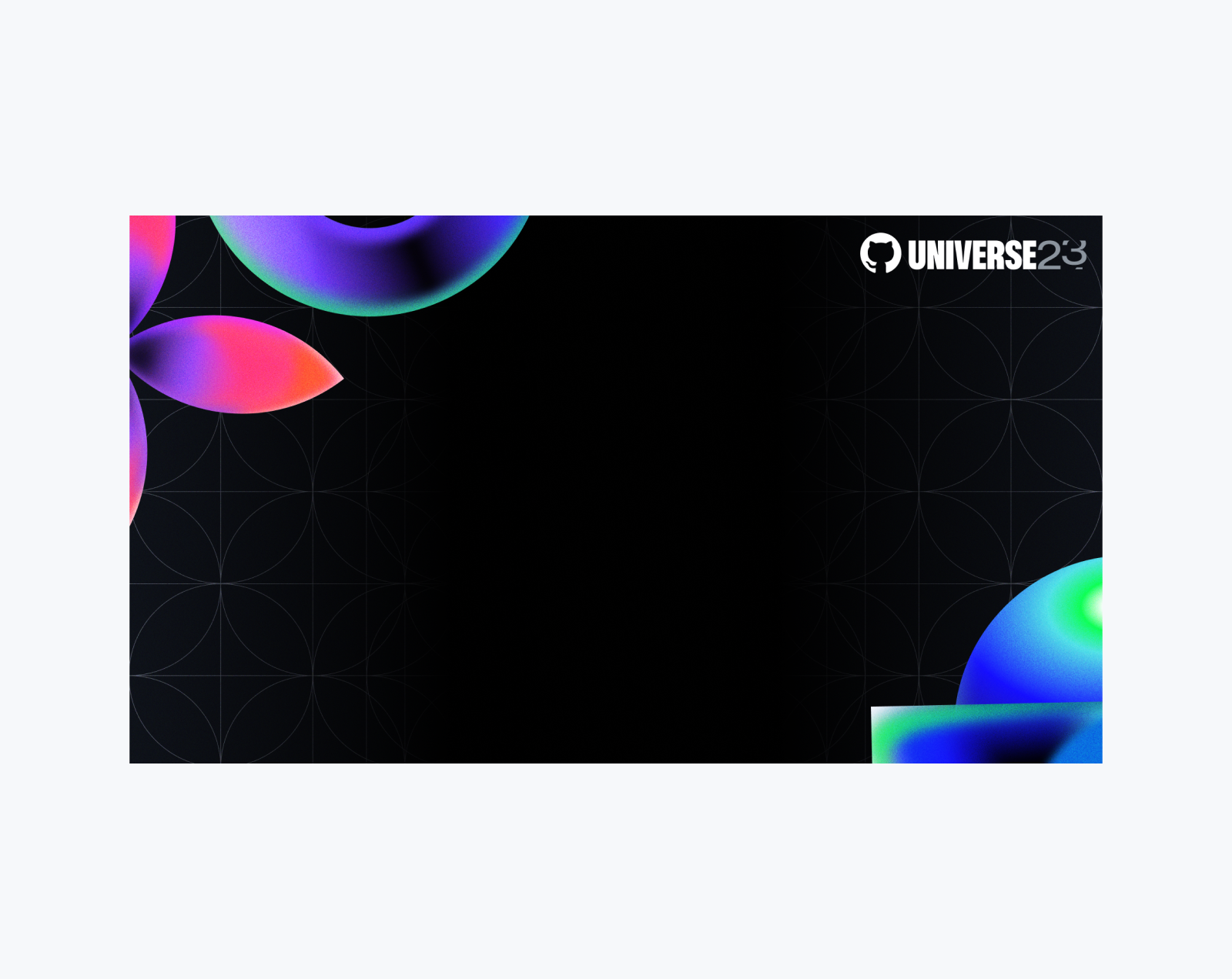 A black rectangular asset with colorful abstract shapes coming in from the edges. The logo for GitHub Univers 2023 is in the corner.