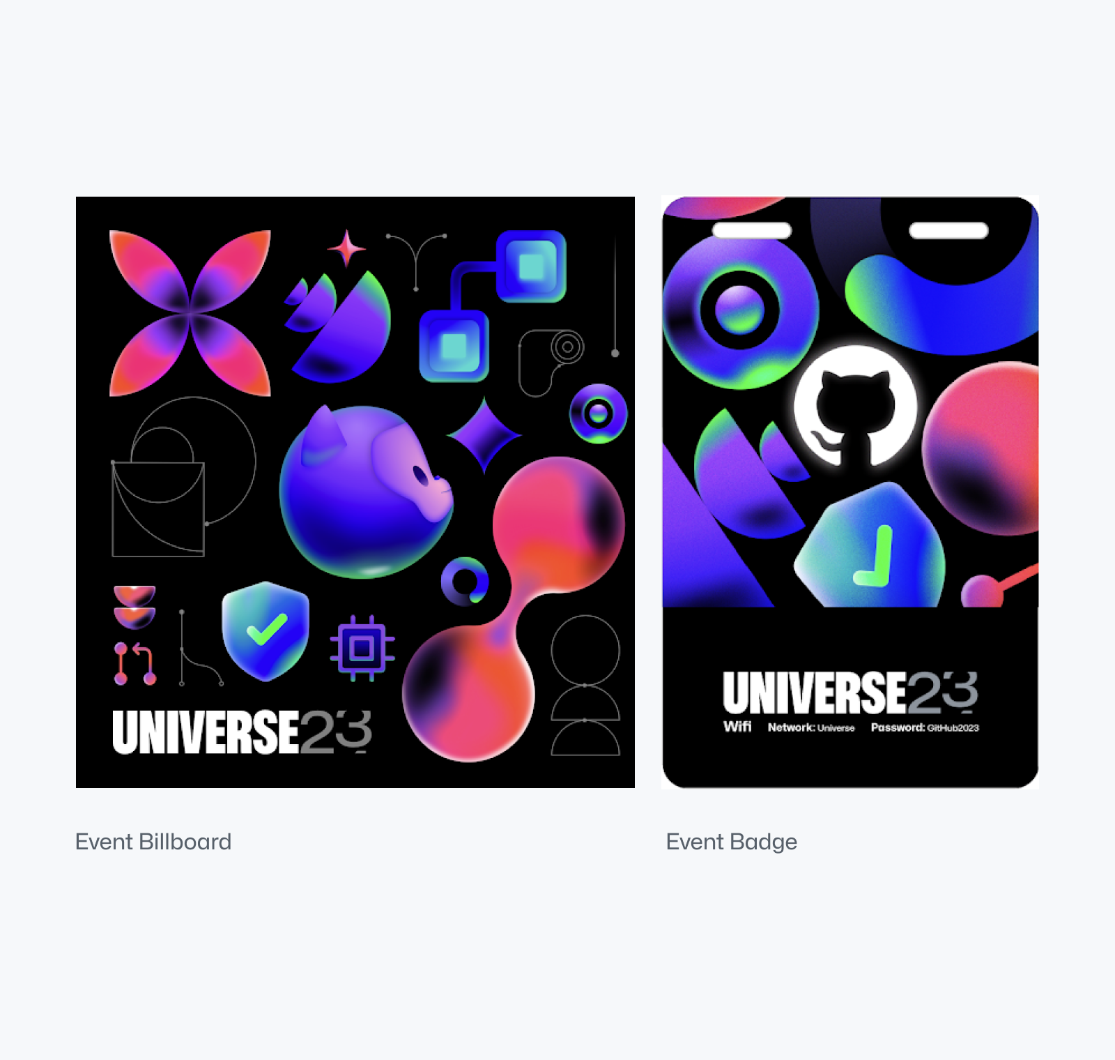 Two rectangular assets side by side: a Universe billboard and an event badge, both featuring colorful illustrations