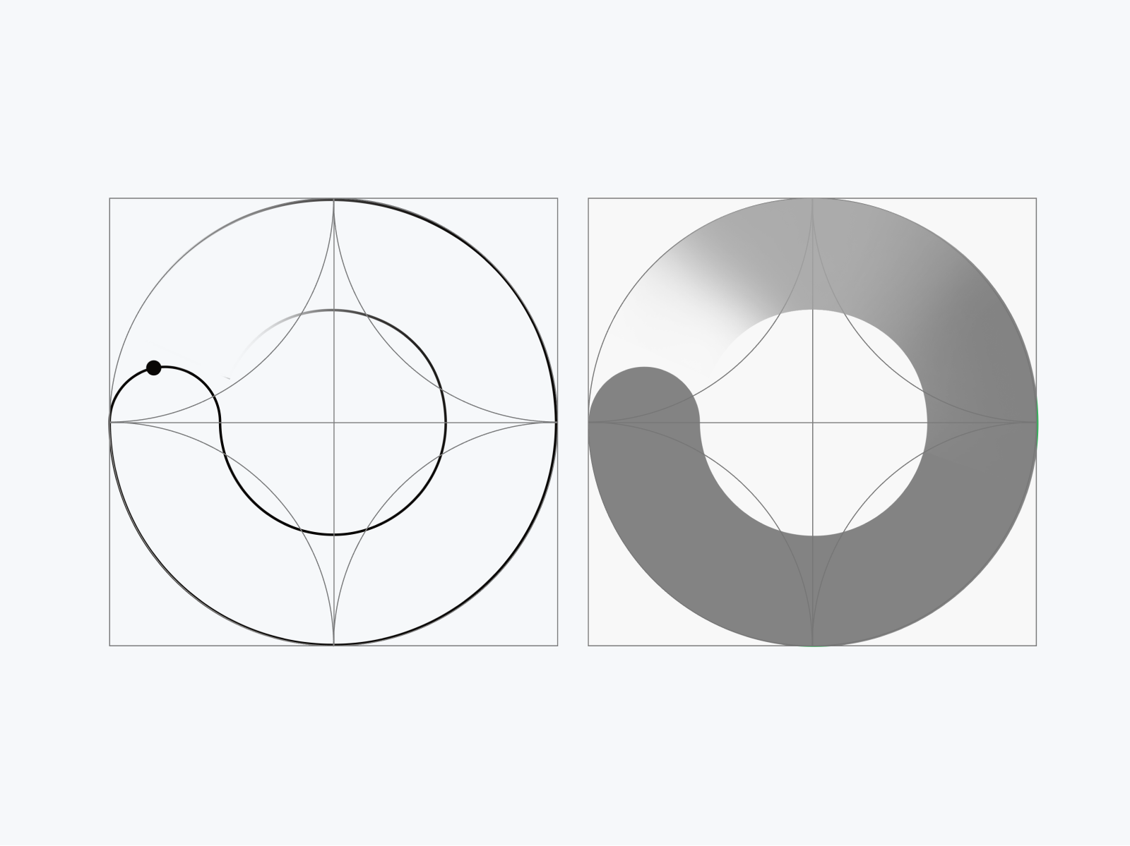 Two side by side grayscale abstract cirular illustrations on our circular grid