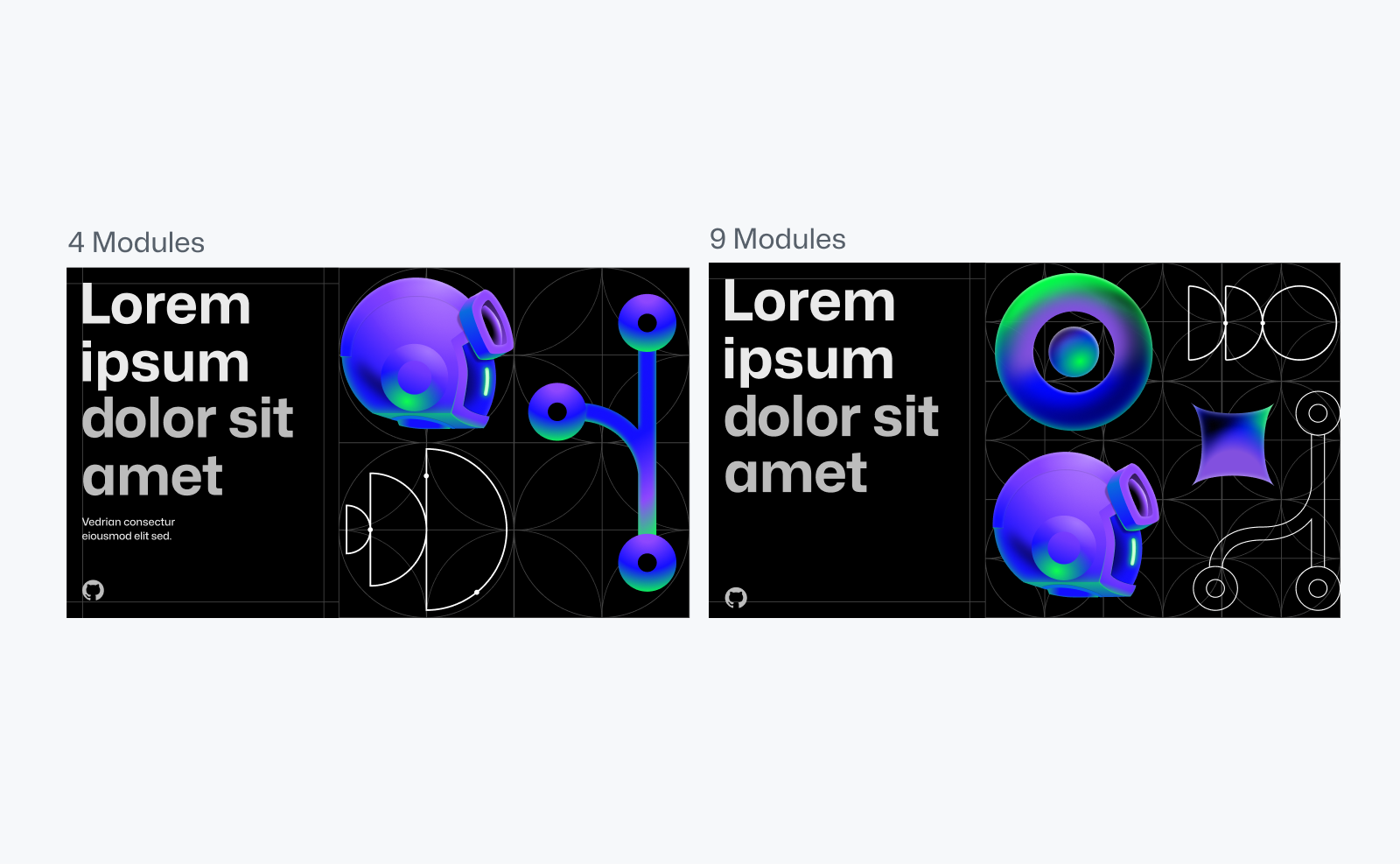 Two black landscape rectangular compositions side by side. Text above them reads "4 modules" and "9 modules" respectively. Compositions feature placeholder lorem ipsum text on the left in white and light gray, with abstract illustrations on the right.