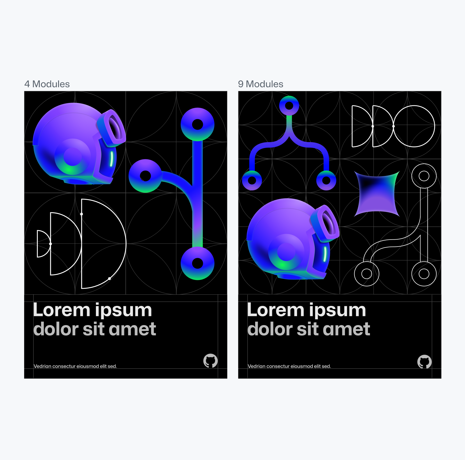 Two black portrait rectangular compositions side by side. Text above them reads "4 modules" and "9 modules" respectively. Compositions feature placeholder lorem ipsum text on the bottom in white and light gray, with abstract illustrations on the top.