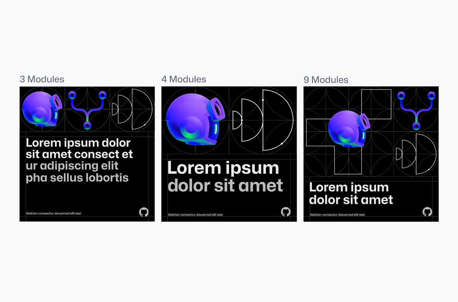 Three black square compositions side by side. Text above them reads "3 modules," "4 modules," and "9 modules" respectively. Compositions feature placeholder lorem ipsum text on the bottom in white and light gray, with abstract illustrations on the top.