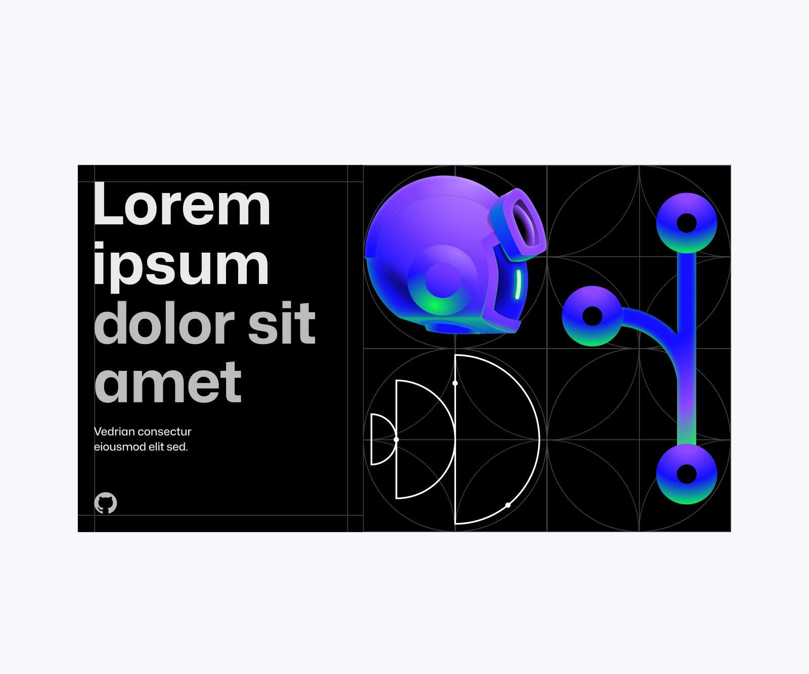 An example social asset with a black background featuring illustrations of Copilot, gitlines, and an abstract outlined shape paired with placeholder lorem ipsum copy and a small invertocat logo in the corner