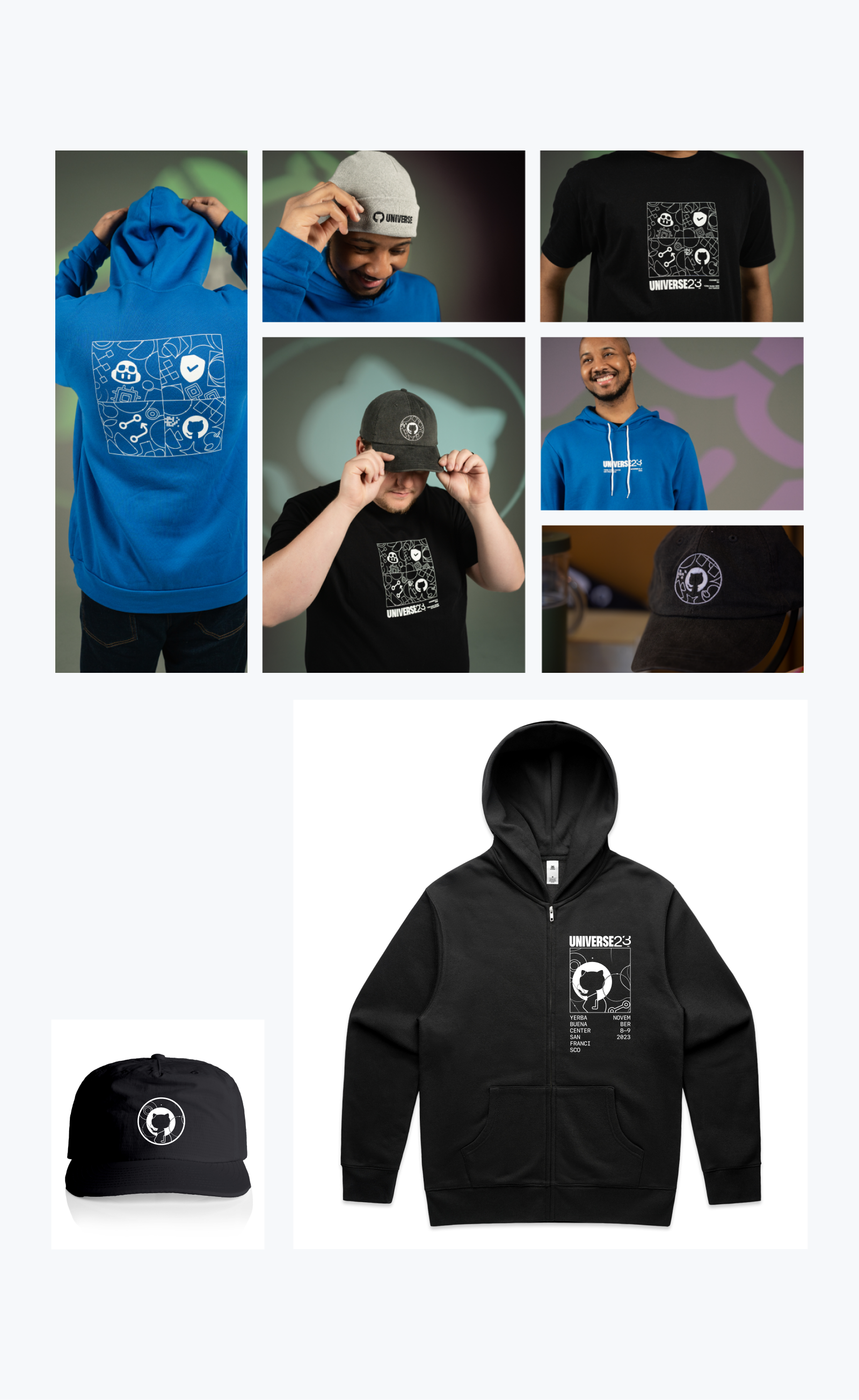 Photographs of branded GitHub Universe swag on models