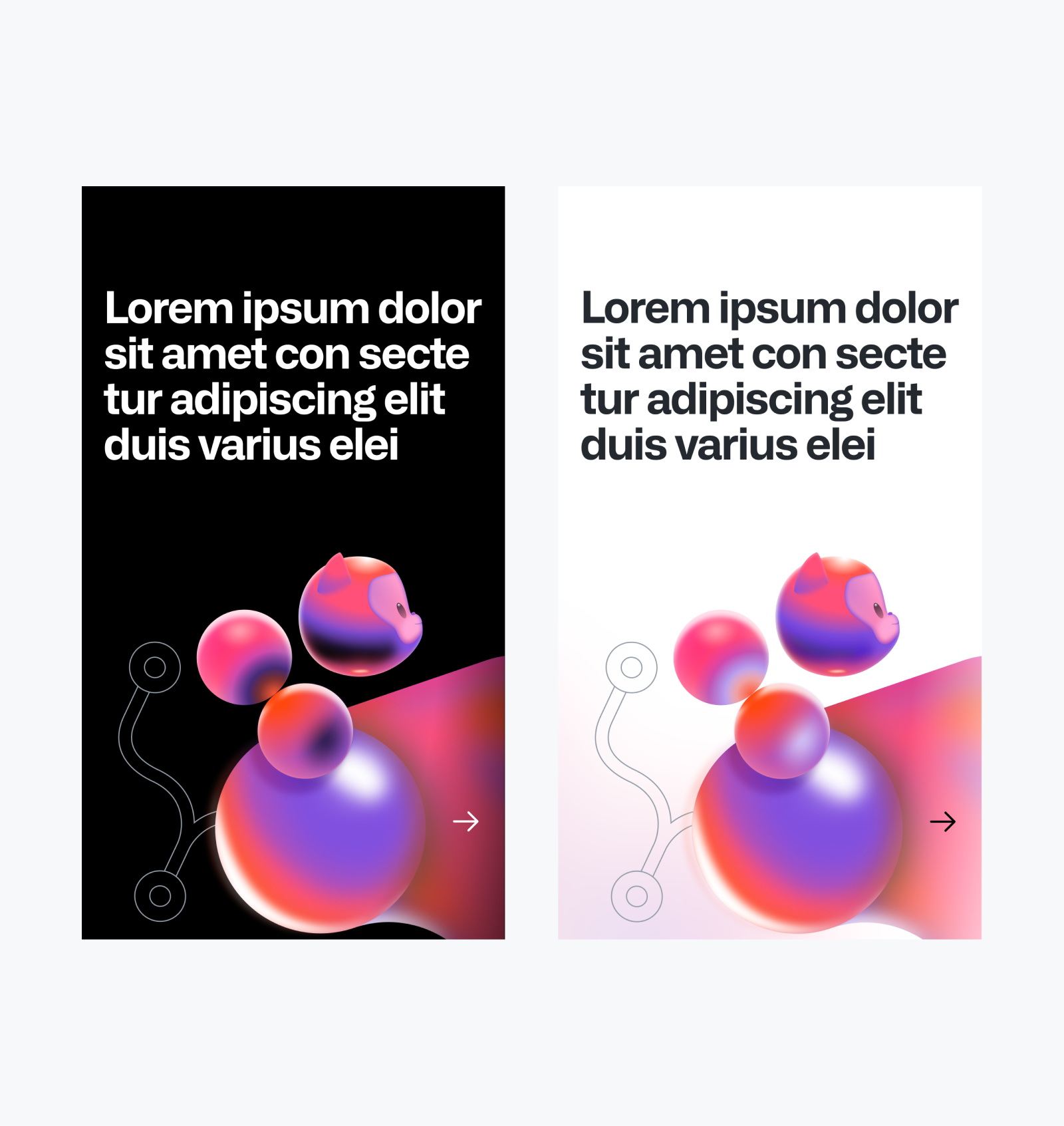 Two social posts templates with Lorem Ipsum showing the difference between dark and light mode