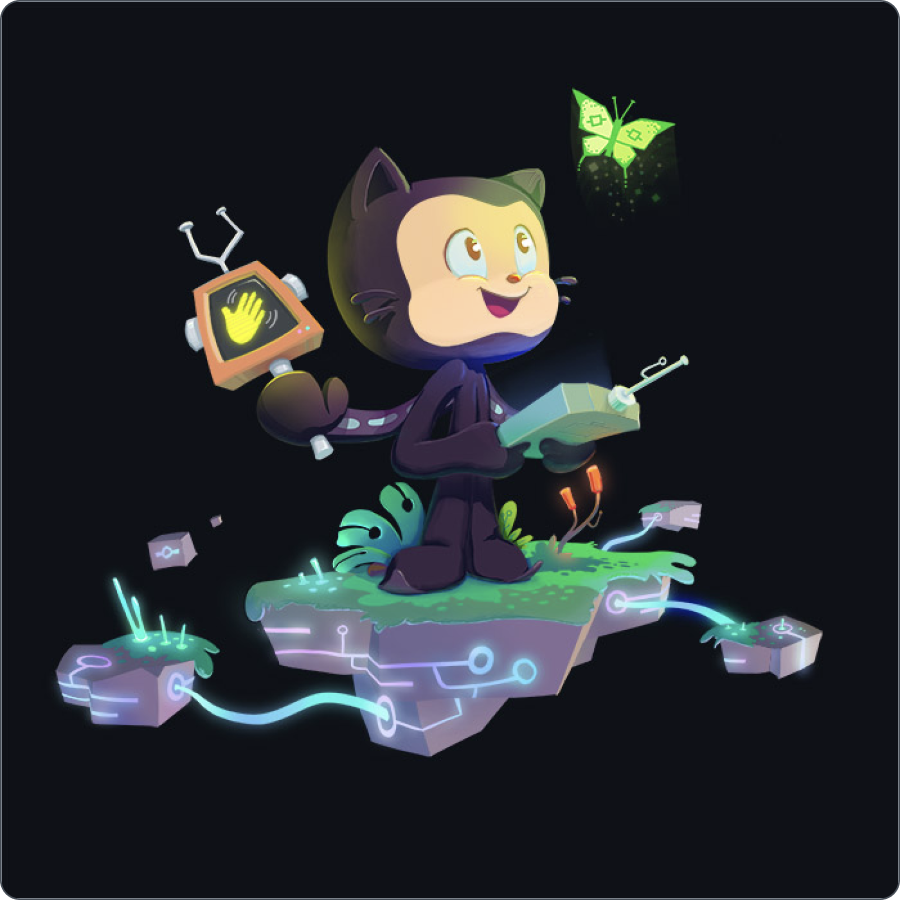A illustration of Mona the Octocat on a floating island in the Octocat 2.0 style