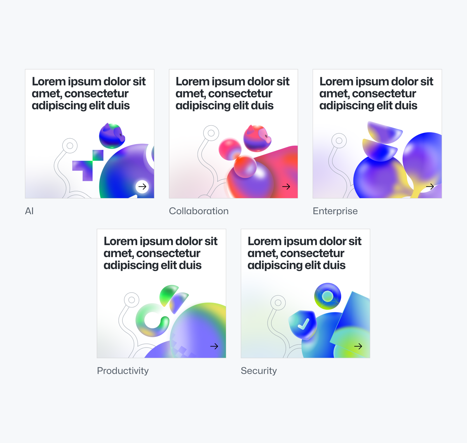 Five square social assets, each featuring imagery associated with one of our five product pillars and paired with placeholder lorem ipsum copy