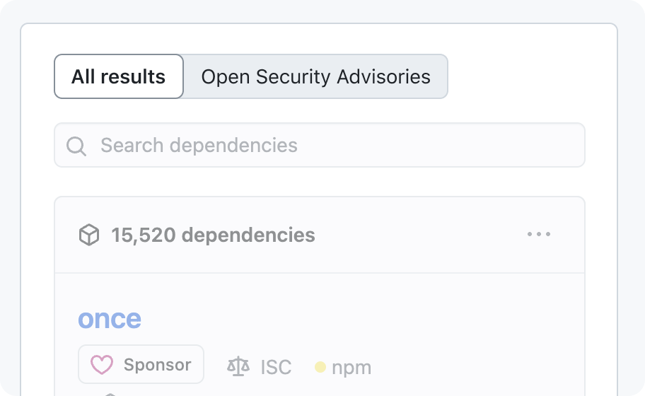 A screenshot of the GitHub organization insights page with the segmented control for filtering highlighted. The options are 'All results' and 'Open security advisories'. 