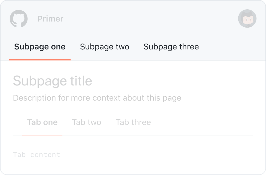 A page with three top-level tabs. Then, a placeholder heading and description followed by more tabs to separate subpage content. Top-level tabs are highlighted.