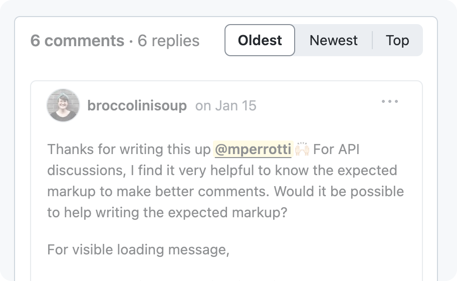 A screenshot of a GitHub discussions list with the segmented segmented control for sorting highlighted. The sort options are 'Oldest', 'Newest', and 'Top'.