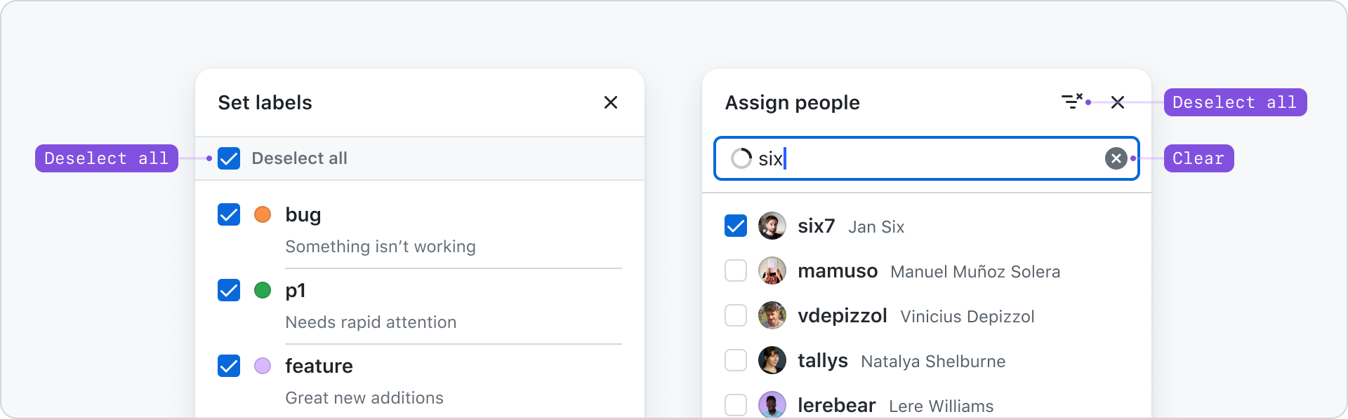 Two examples of select panels: In the first panel, titled 'Set labels,' the header includes a close button. Below the header, there is a checkmark that allows users to select or deselect all items at once. In the second example, with a title 'Assign people,' the header features a deselect all button, a close button, and a search input. The search input has a value and indicates its loading status through a spinner, replacing the magnifying glass icon at the beginning of the input. Additionally, a clear button is located at the end of the search input to remove the current input.