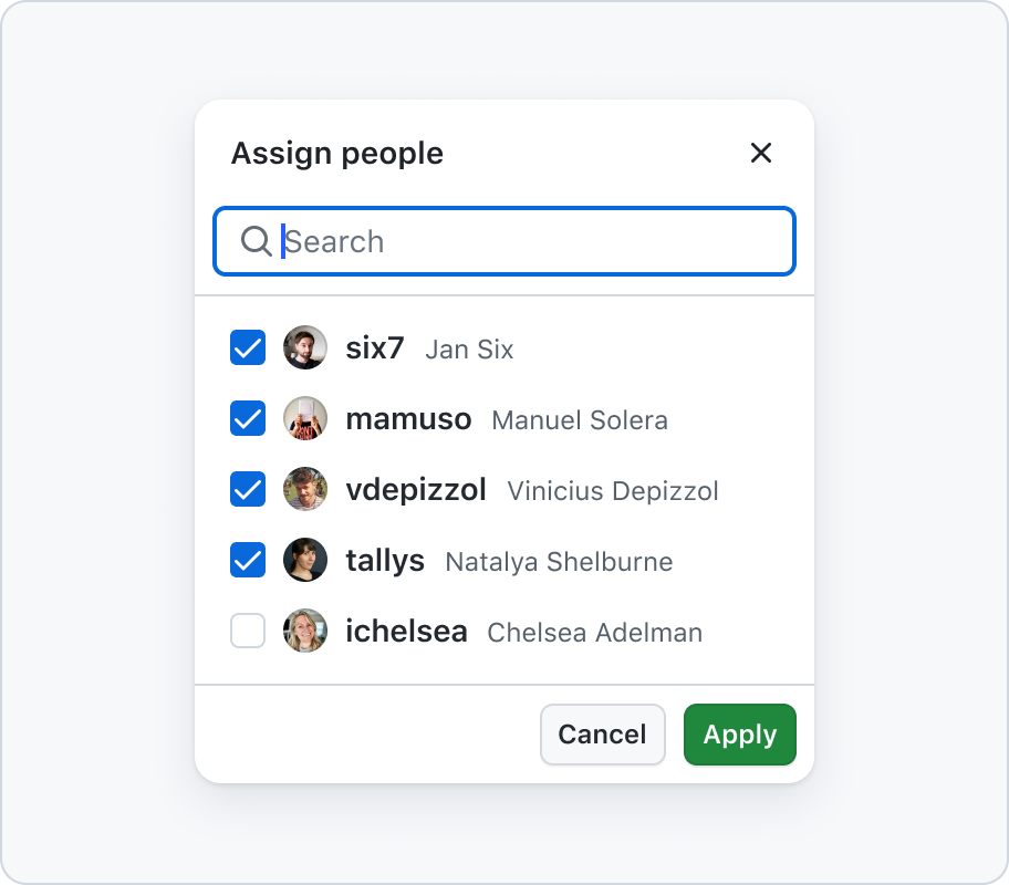 This multi select panel features a title, close button, and a search input. The first four items are selected, and the footer includes a cancel and apply button.