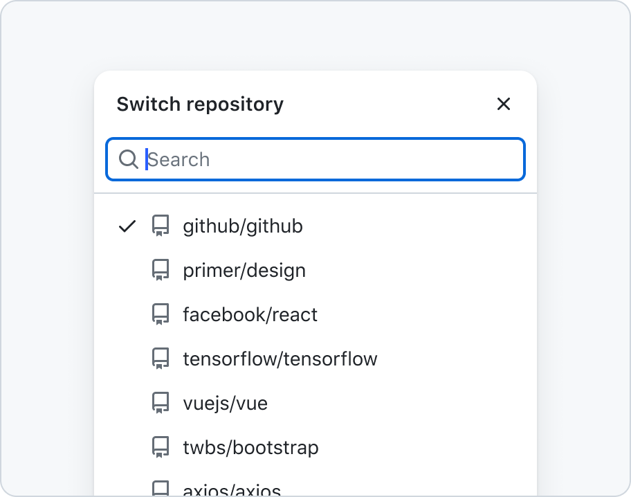 A select panel, featuring a list of repositories. Each item in the list is represented by the same repository icon.