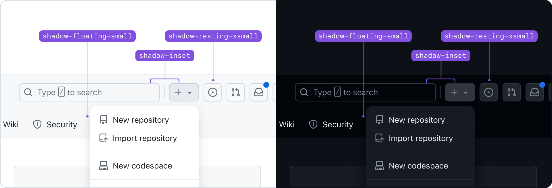 GitHub interface design elements annotated with shadow styles: 'shadow-floating-small', 'shadow-resting-xsmall', and 'shadow-inset', displayed on light and dark mode backgrounds.