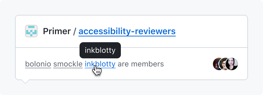 Screenshot of tooltip with GitHub username, @inkblotty, on a static span that says @inkblotty